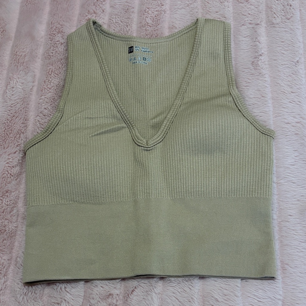 Others Follow Ribbed V-Neck Crop Tank - Sage